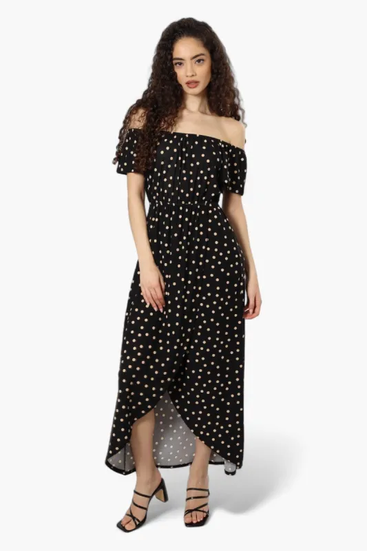 Beechers Brook Polka Dot Off Shoulder Flounce Maxi Dress - Black sold by Fairweather