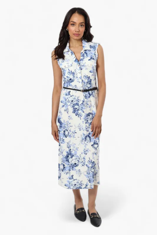 Majora Belted Polka Dot Front Pocket Maxi Dress - Blue sold by Fairweather