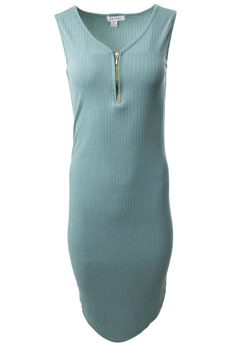 Ribbed Sleeveless Front Zip Midi Dress - Teal sold by Fairweather