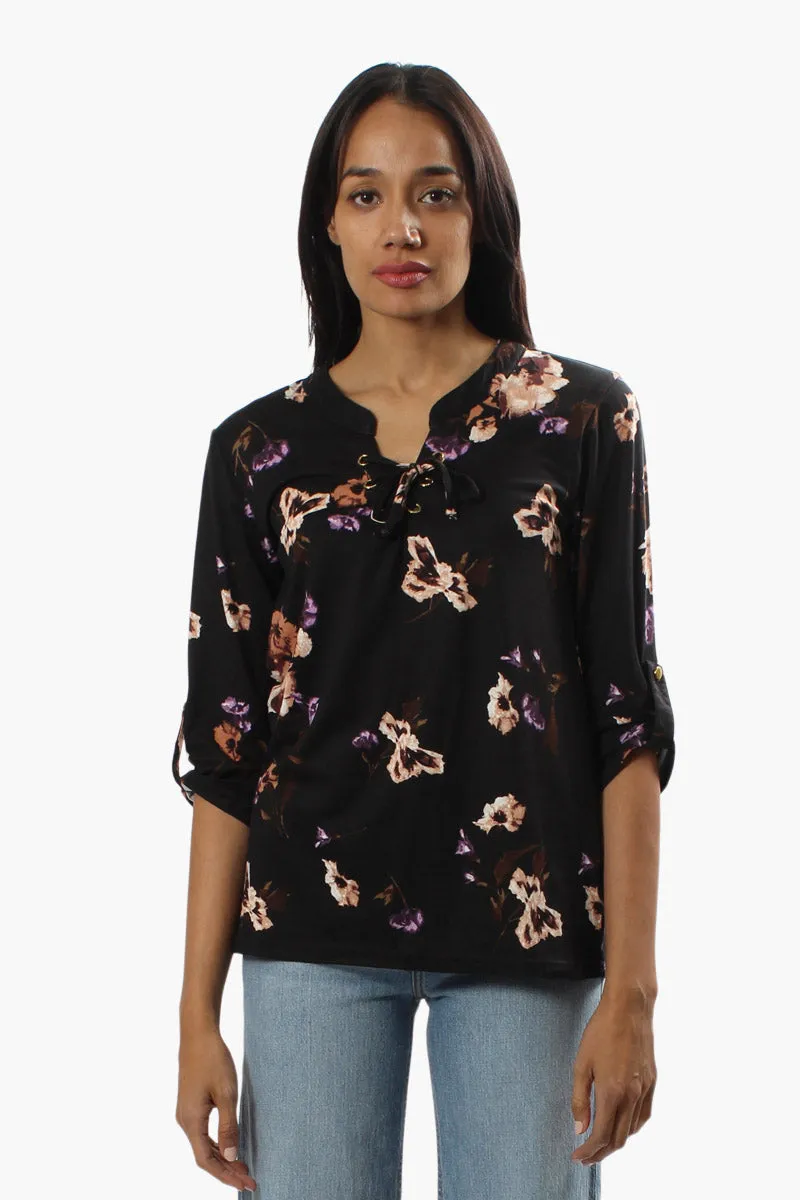 Majora Floral Roll Up Sleeve Blouse - Black sold by Fairweather