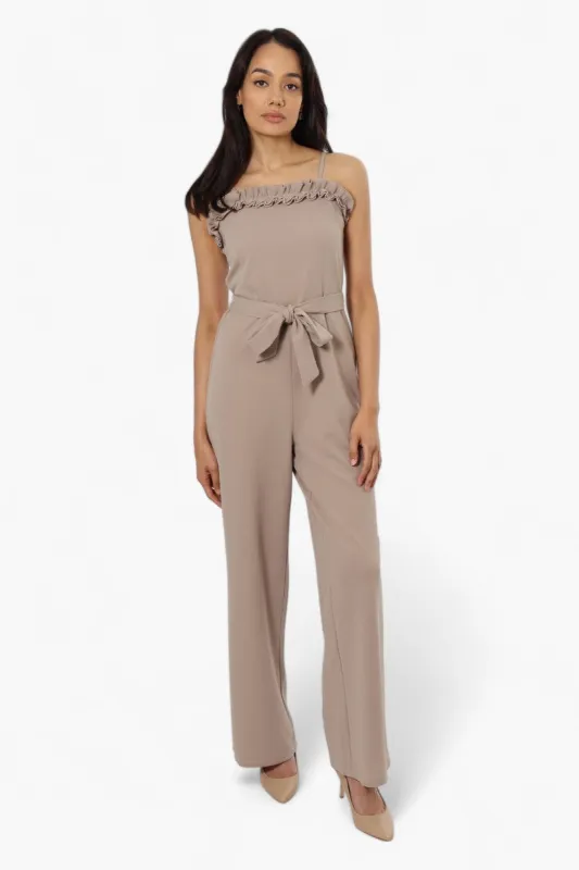 Limite Belted Ruffle Detail Jumpsuit - Beige sold by Fairweather