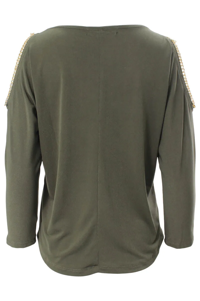 Louise Paris Chain Trim Cold Shoulder Long Sleeve Top - Olive sold by Fairweather product image thumbnail 3
