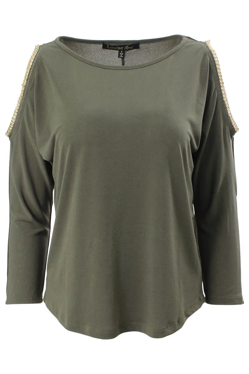 Louise Paris Chain Trim Cold Shoulder Long Sleeve Top - Olive sold by Fairweather