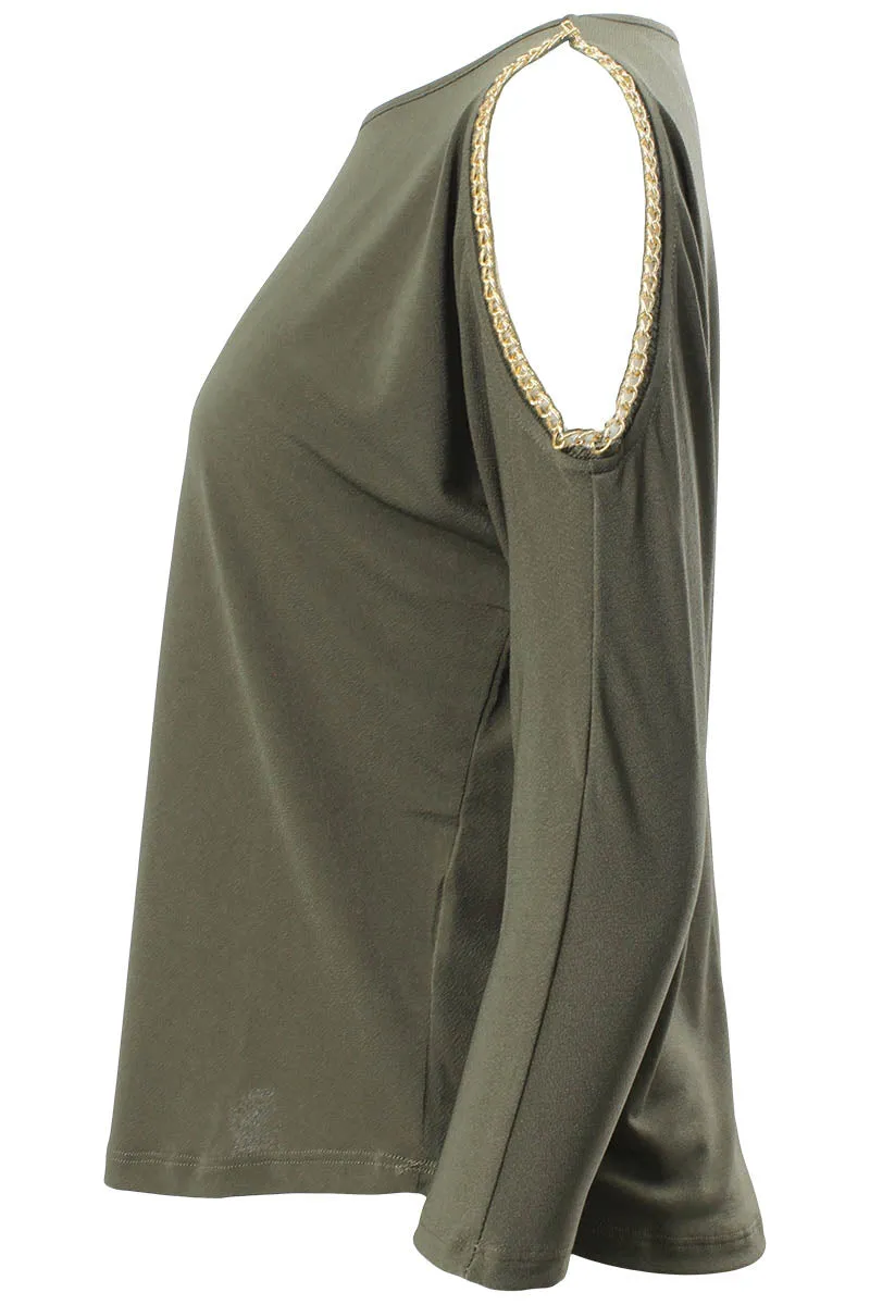 Louise Paris Chain Trim Cold Shoulder Long Sleeve Top - Olive sold by Fairweather product image thumbnail 2