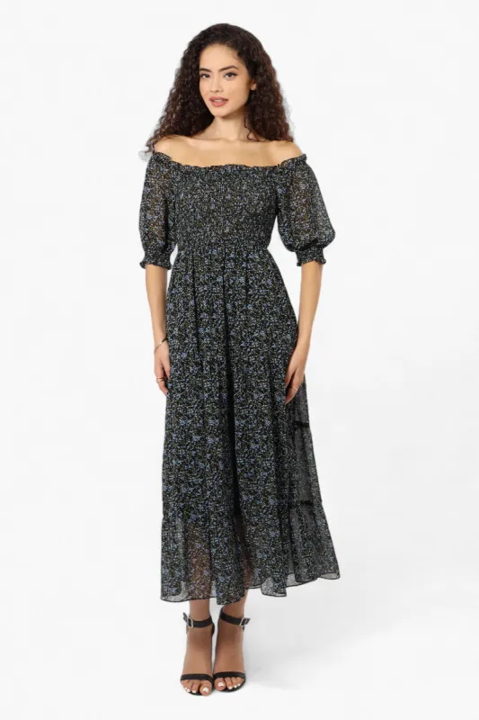 Limite Floral Tiered Puff Sleeve Maxi Dress - Black sold by Fairweather