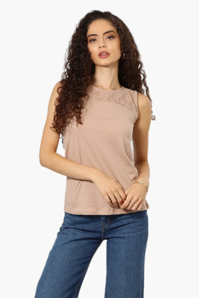 Majora Solid Lace Shoulder Tank Top - Beige sold by Fairweather