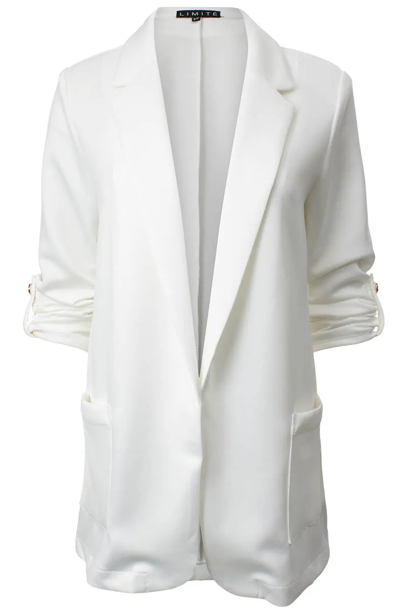 Solid Roll Up Sleeve Open Front Blazer - White sold by Fairweather