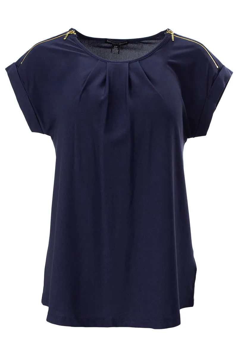 Solid Zip Shoulder Cap Sleeve Tee - Navy sold by Fairweather