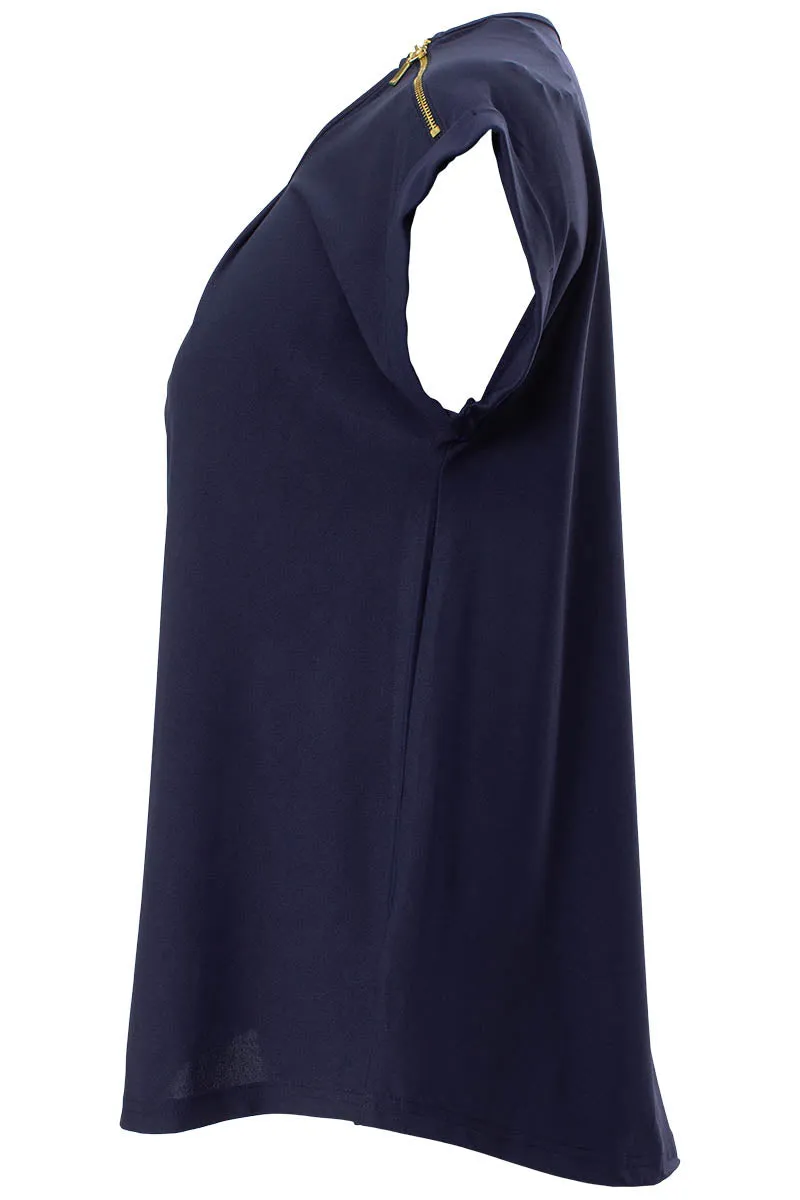 Solid Zip Shoulder Cap Sleeve Tee - Navy sold by Fairweather product image thumbnail 2
