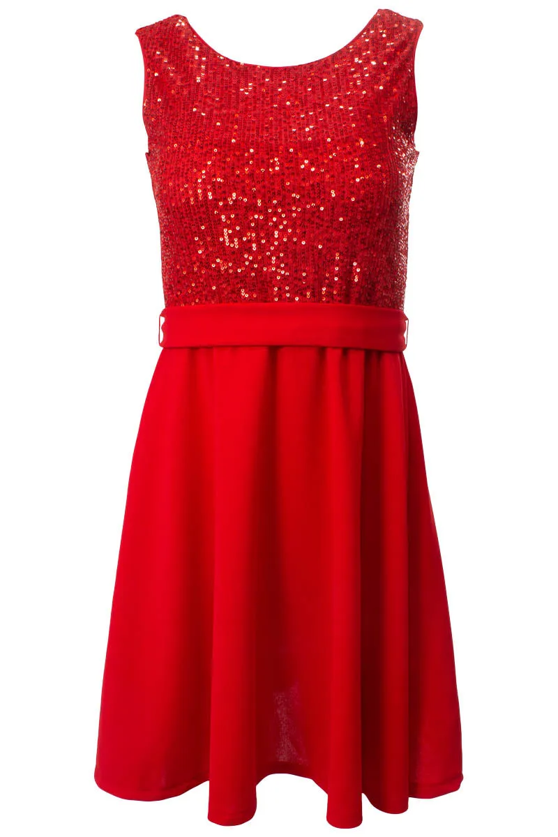 Belted Sequin Sleeveless Cocktail Dress - Red sold by Fairweather