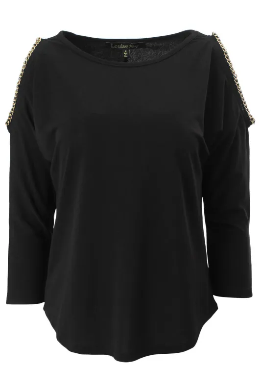 Louise Paris Chain Trim Cold Shoulder Long Sleeve Top - Black sold by Fairweather