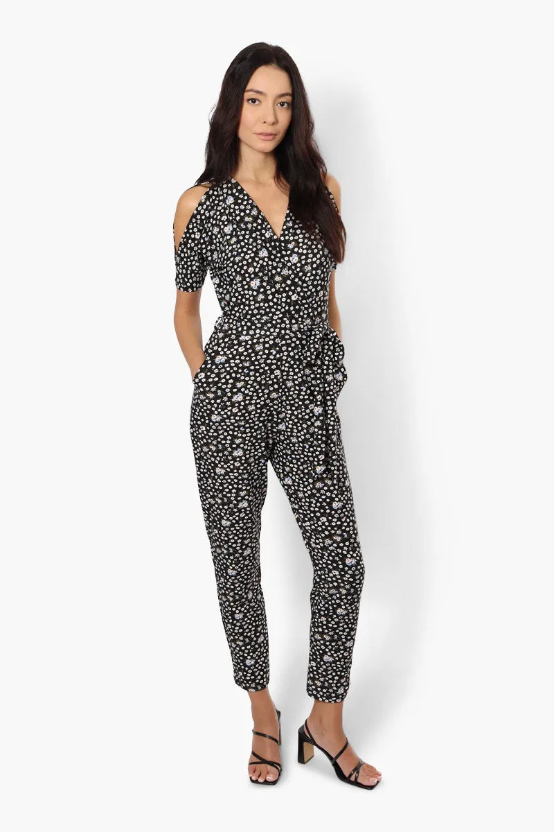 Limite Floral Cold Shoulder Belted Jumpsuit - Black sold by Fairweather