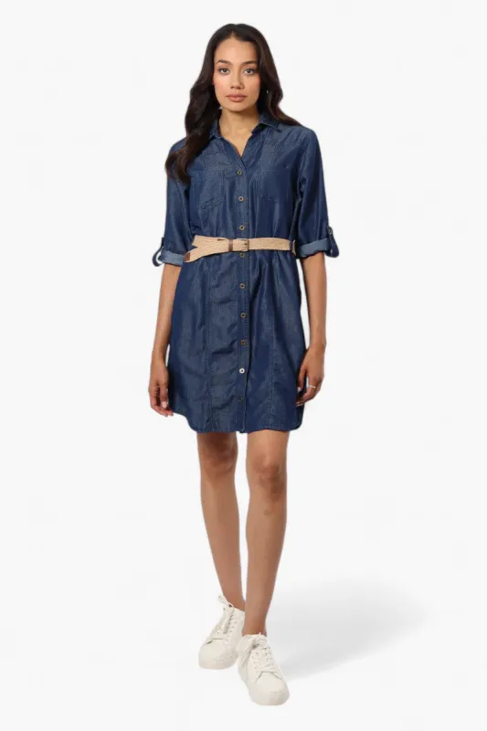 Impress Belted Denim Tencel Day Dress - Navy sold by Fairweather