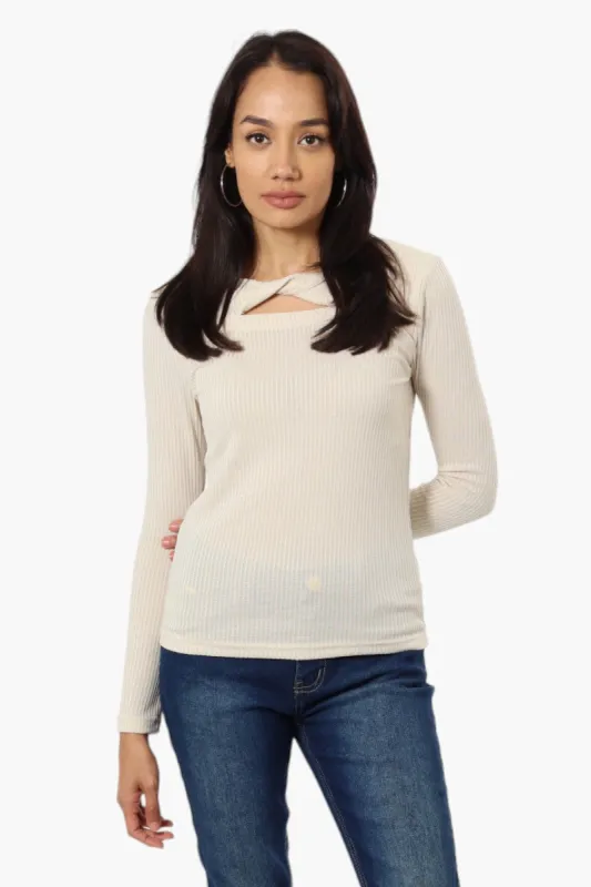 Magazine Ribbed Front Twist Long Sleeve Top - Beige sold by Fairweather