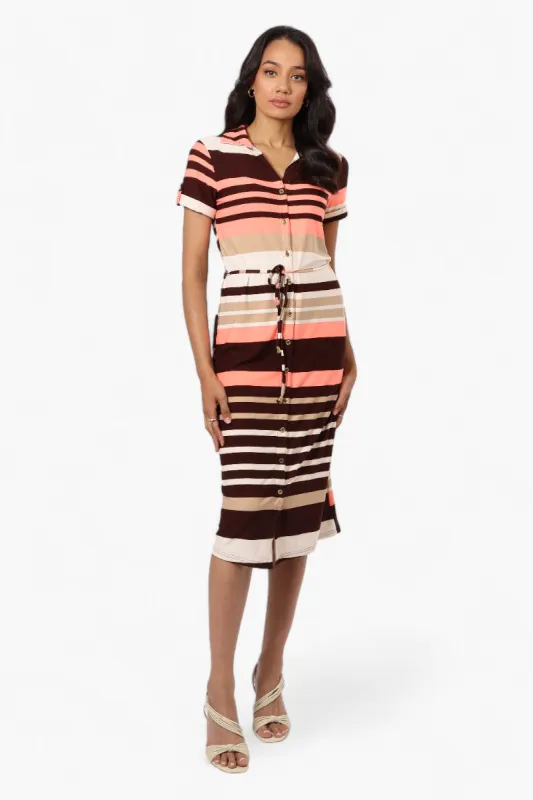 Majora Striped Button Down Tie Waist Maxi Dress - Brown sold by Fairweather