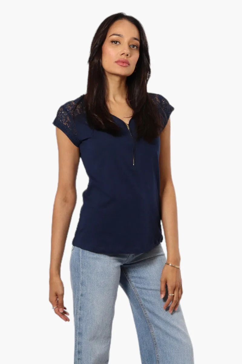 Majora Half Zip Lace Shoulder Tee - Navy sold by Fairweather