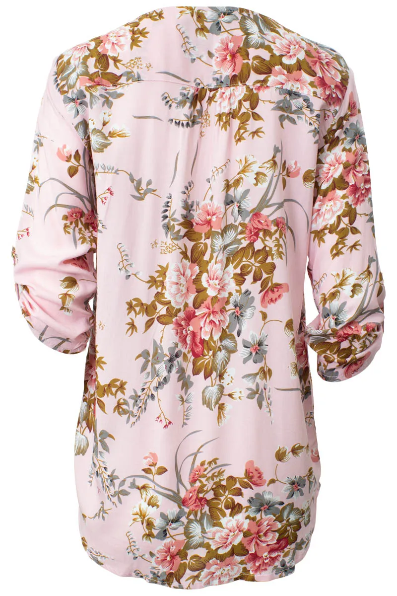 Floral Printed Zip Front Roll Up Sleeve Shirt - Pink sold by Fairweather product image thumbnail 3