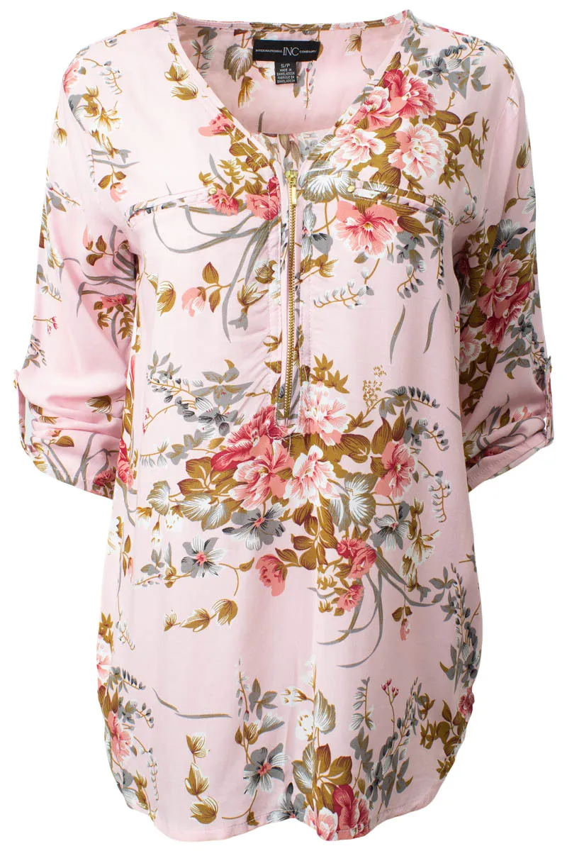 Floral Printed Zip Front Roll Up Sleeve Shirt - Pink sold by Fairweather