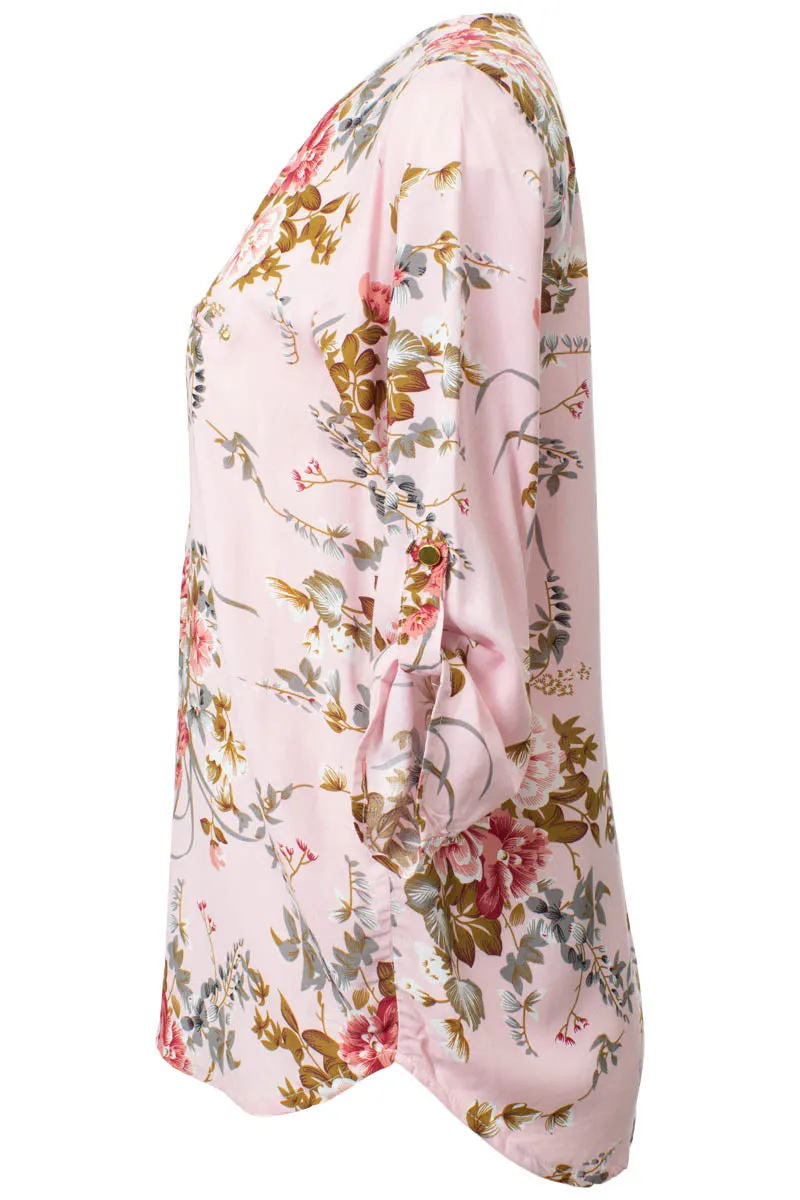 Floral Printed Zip Front Roll Up Sleeve Shirt - Pink sold by Fairweather product image thumbnail 2