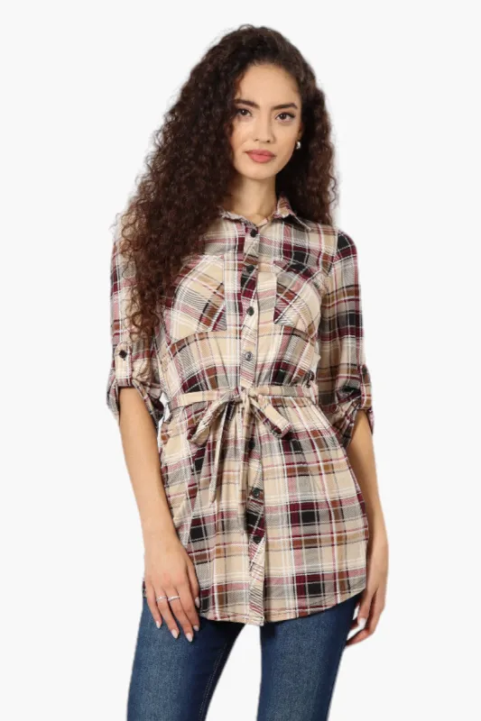 Urbanology Belted Plaid Button Down Shirt - Beige sold by Fairweather