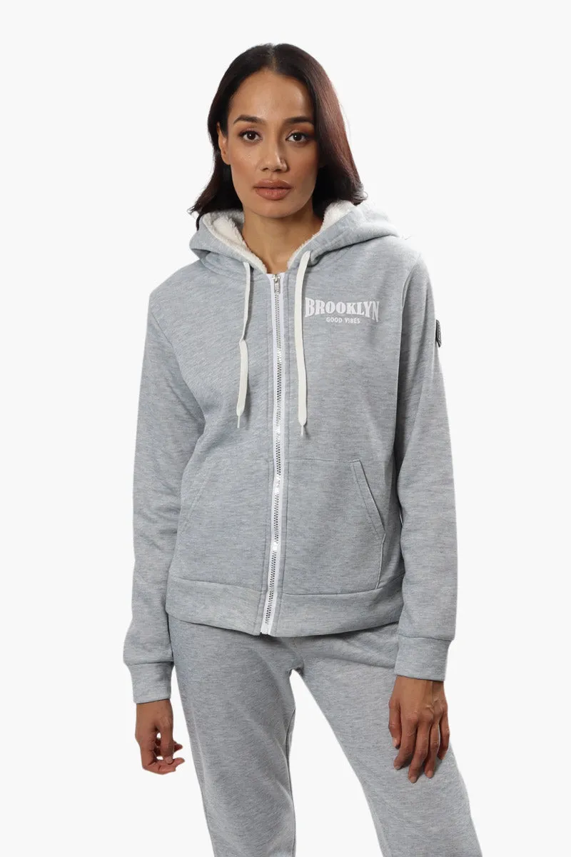 Fahrenheit Brooklyn Print Sherpa Hoodie - Grey sold by Fairweather