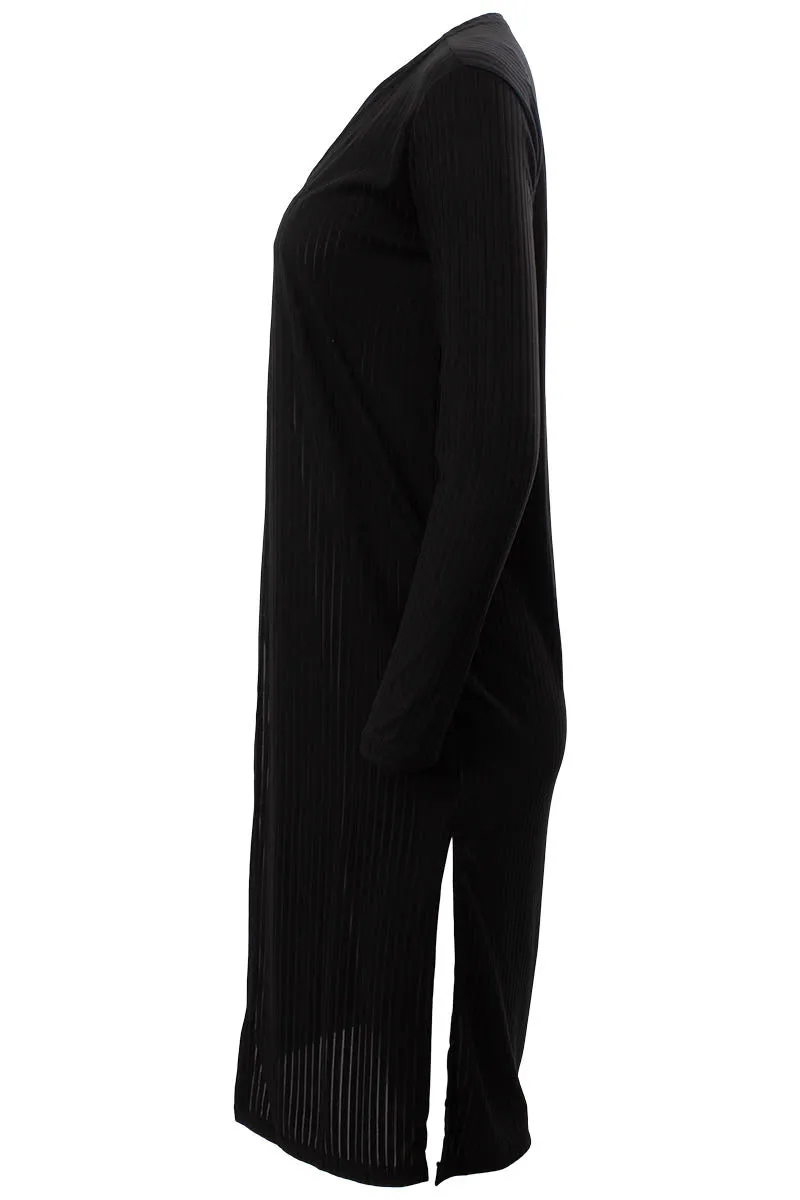 Solid Ribbed Long Sleeve Side Slit Open Cardigan - Black sold by Fairweather product image thumbnail 2