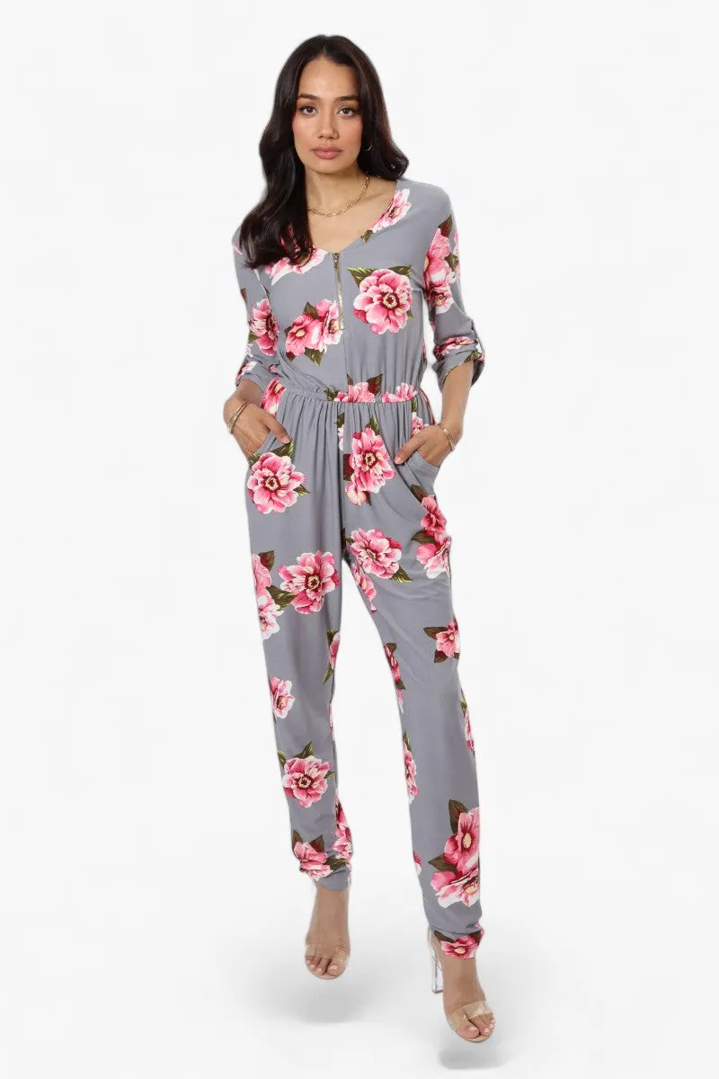 International INC Company Floral Roll Up Sleeve Jumpsuit - Grey sold by Fairweather