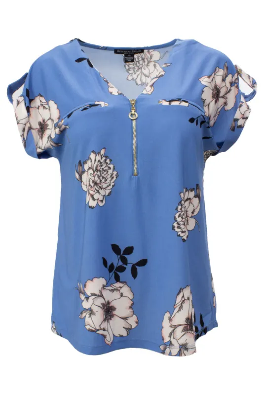Floral Front Zip Cap Sleeve Tee - Blue sold by Fairweather