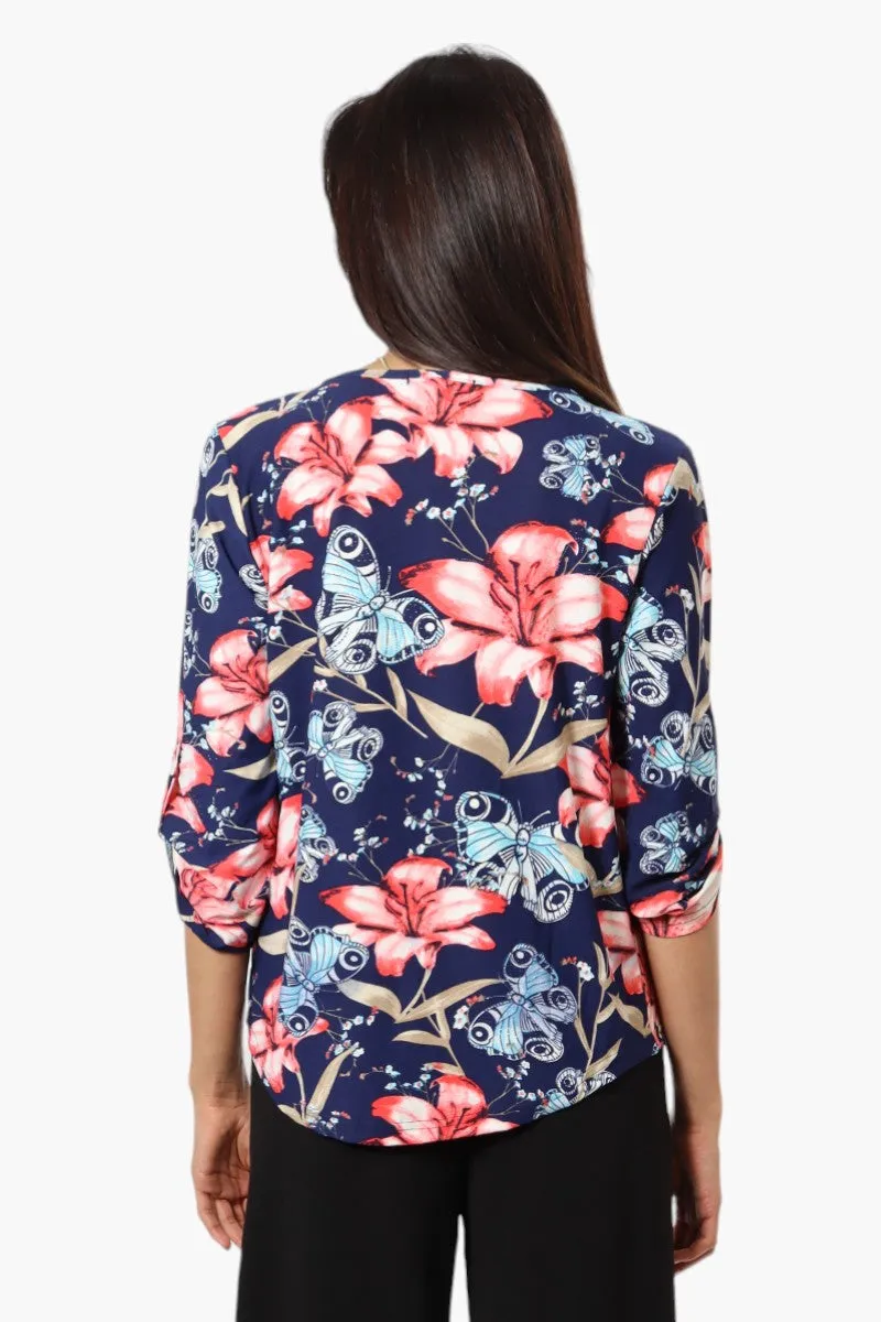 Beechers Brook Floral Roll Up Sleeve Necklace Blouse - Navy sold by Fairweather product image thumbnail 4