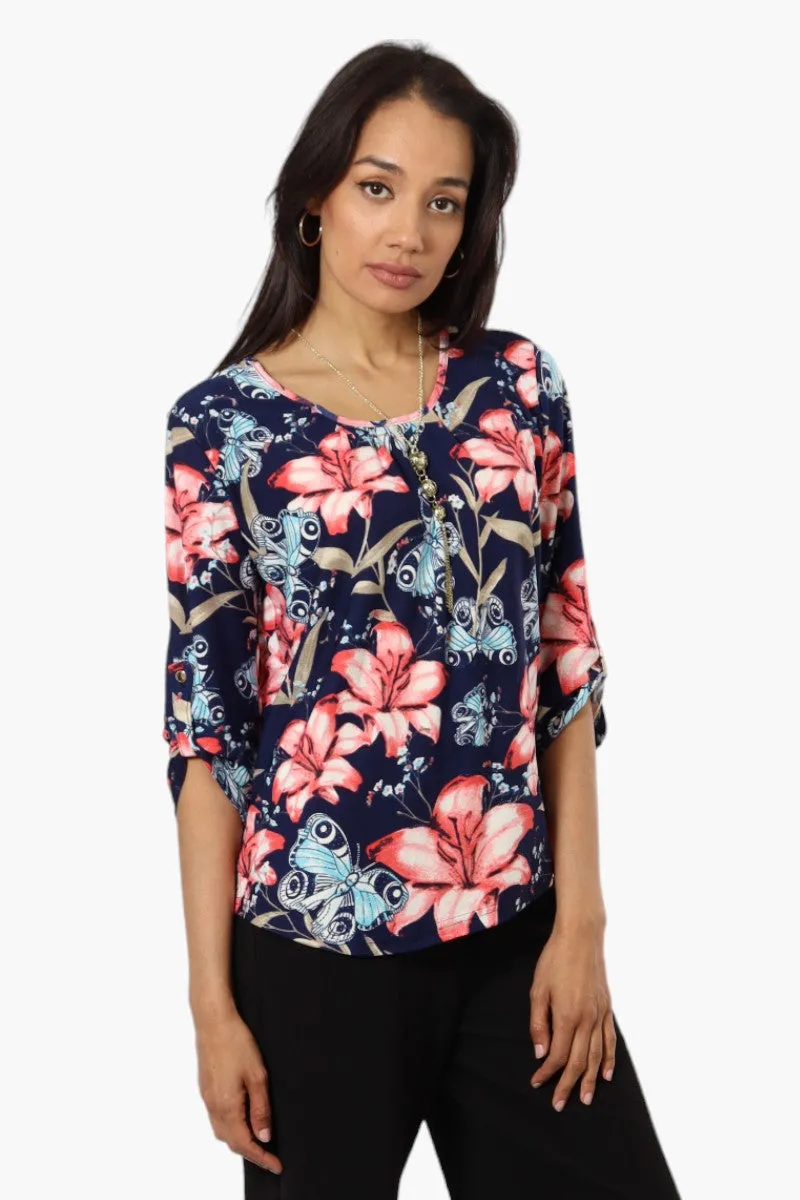 Beechers Brook Floral Roll Up Sleeve Necklace Blouse - Navy sold by Fairweather