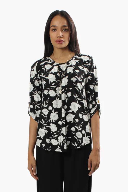 International INC Company Floral Roll Up Sleeve Blouse - Black sold by Fairweather
