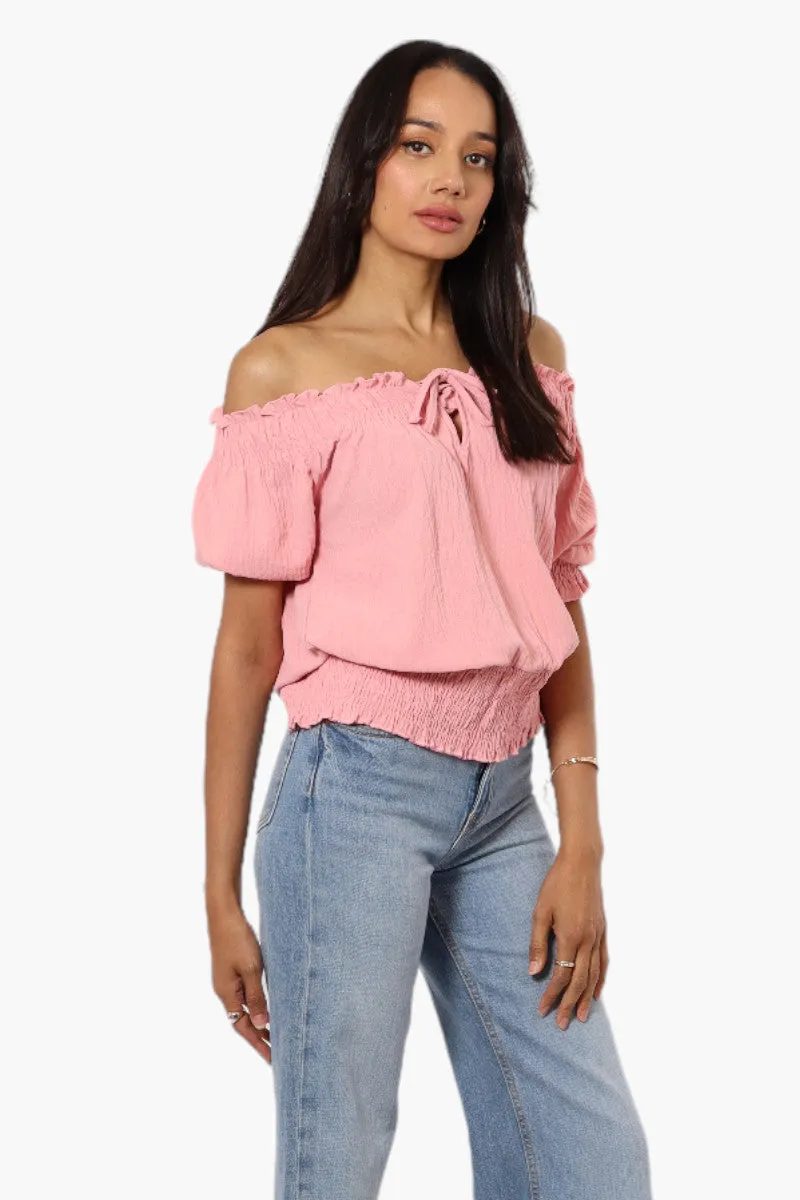Urbanology Off Shoulder Tie Front Smock Blouse - Pink sold by Fairweather