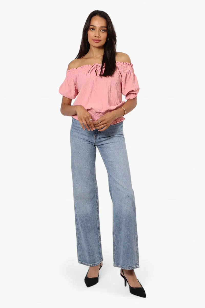 Urbanology Off Shoulder Tie Front Smock Blouse - Pink sold by Fairweather product image thumbnail 2