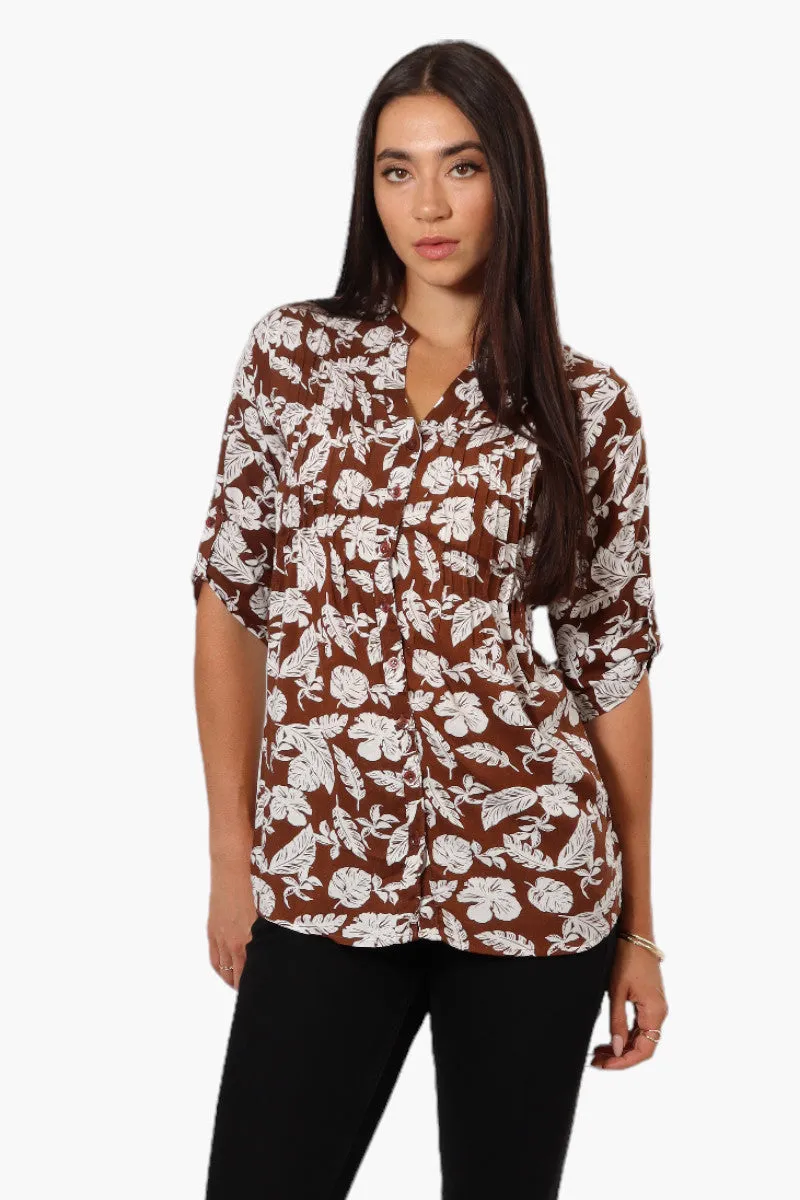 International INC Company Patterned Tie Back Roll Up Sleeve Shirt - Brown sold by Fairweather