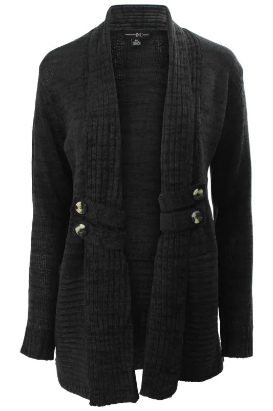 International INC Company Ribbed Lapel Button Trim Cardigan - Black sold by Fairweather