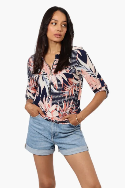 Beechers Brook Floral Roll Up Sleeve Blouse - Navy sold by Fairweather