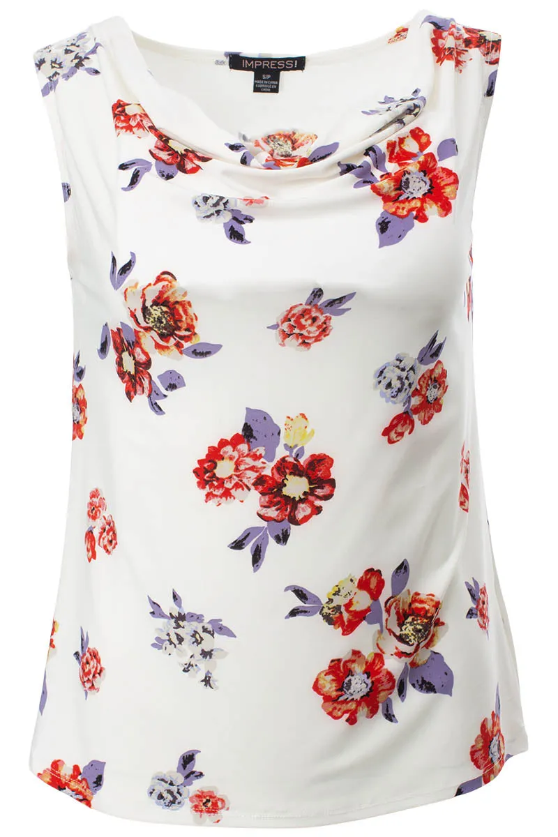 Floral Cowl Neck Tank Top - White sold by Fairweather