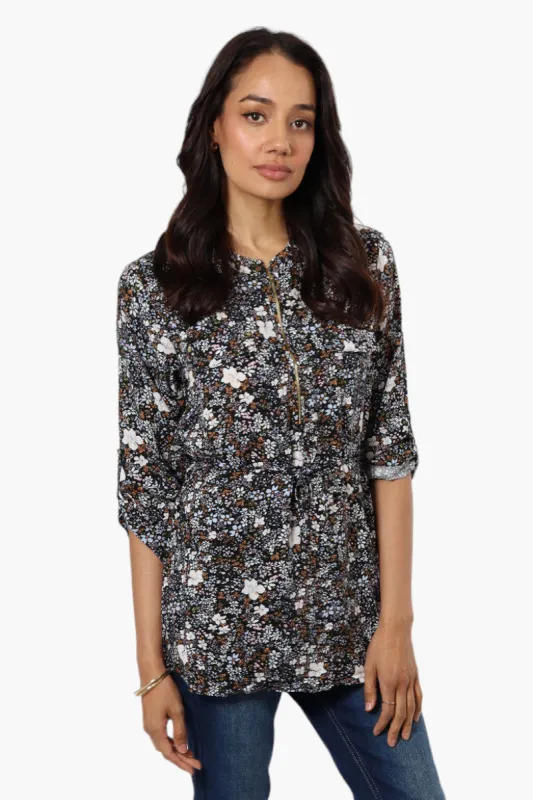 Beechers Brook Floral Belted Roll Up Sleeve Blouse - Black sold by Fairweather
