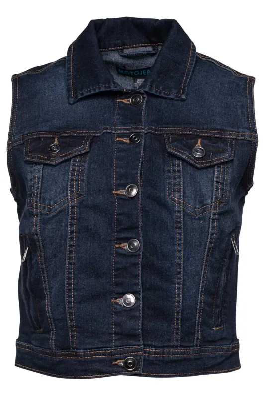 Motojeans Button Front Flap Pocket Denim Vest - Navy sold by Fairweather