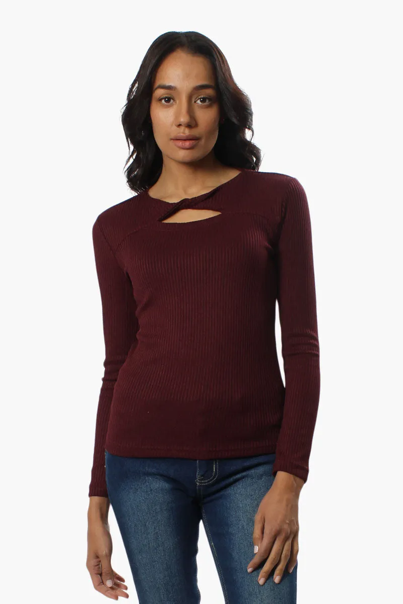 Magazine Ribbed Front Twist Long Sleeve Top - Burgundy sold by Fairweather