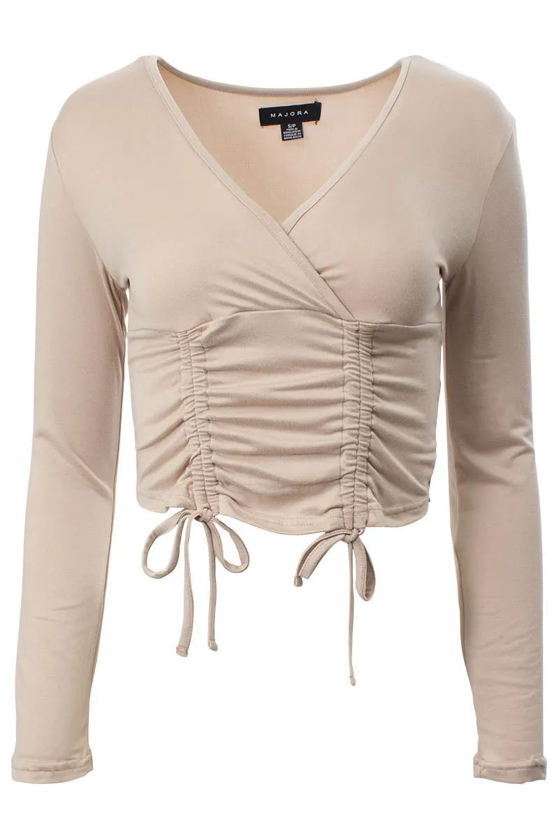 Solid Ruched Long Sleeve Top - Beige sold by Fairweather