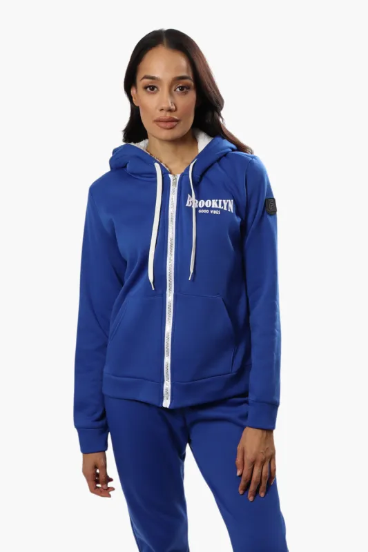 Fahrenheit Brooklyn Print Sherpa Hoodie - Blue sold by Fairweather