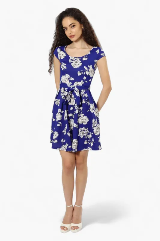 Limite Belted Floral Cap Sleeve Day Dress - Blue sold by Fairweather