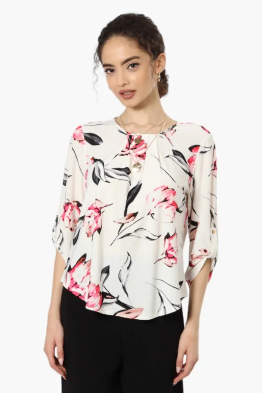 Beechers Brook Floral Roll Up Sleeve Necklace Blouse - White sold by Fairweather