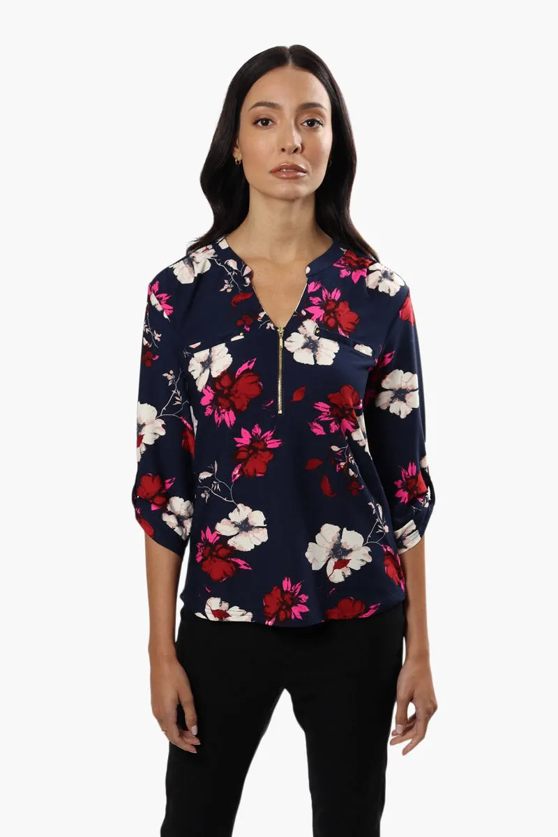 International INC Company Floral Roll Up Sleeve Blouse - Navy sold by Fairweather