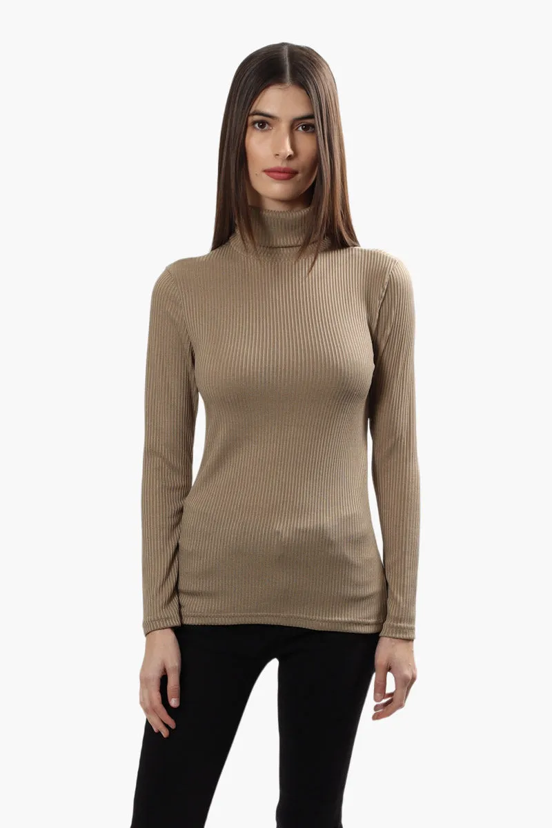Magazine Ribbed Turtleneck Long Sleeve Top - Beige sold by Fairweather