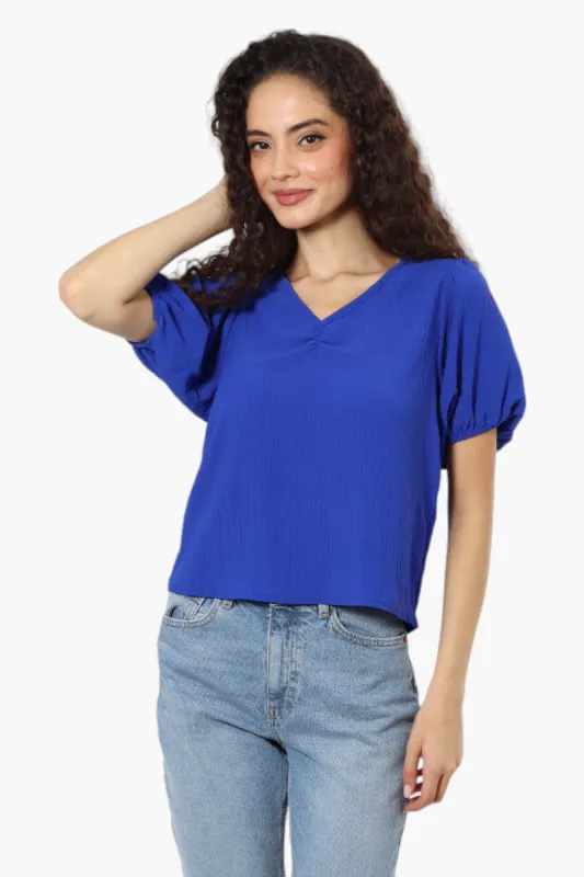 Magazine V-Neck Bell Sleeve Blouse - Blue sold by Fairweather