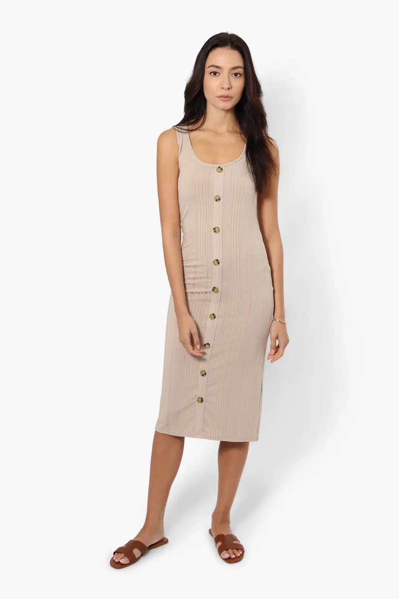 Magazine Front Button Ribbed Midi Dress - Beige sold by Fairweather product image thumbnail 2
