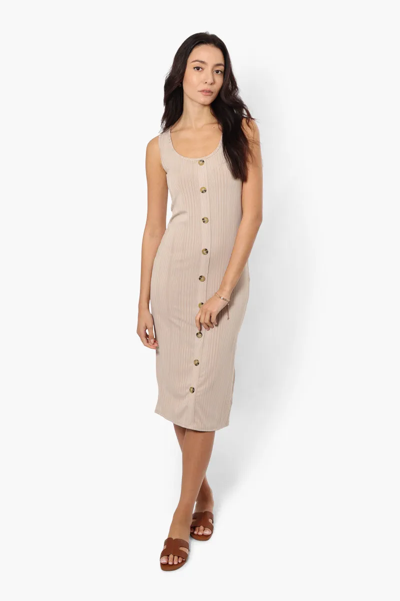 Magazine Front Button Ribbed Midi Dress - Beige sold by Fairweather