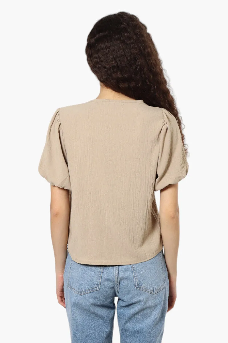 Magazine V-Neck Bell Sleeve Blouse - Beige sold by Fairweather product image thumbnail 4